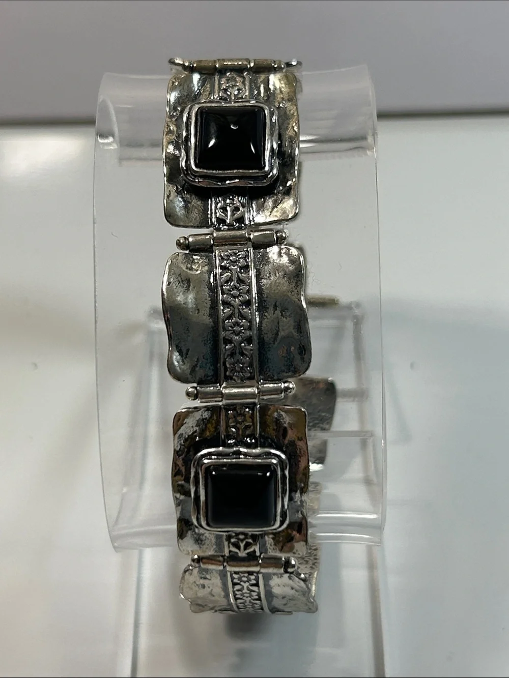 NWT Passage To Israel Hammered Panel Link Genuine Black Onyx Gemstone Bracelet